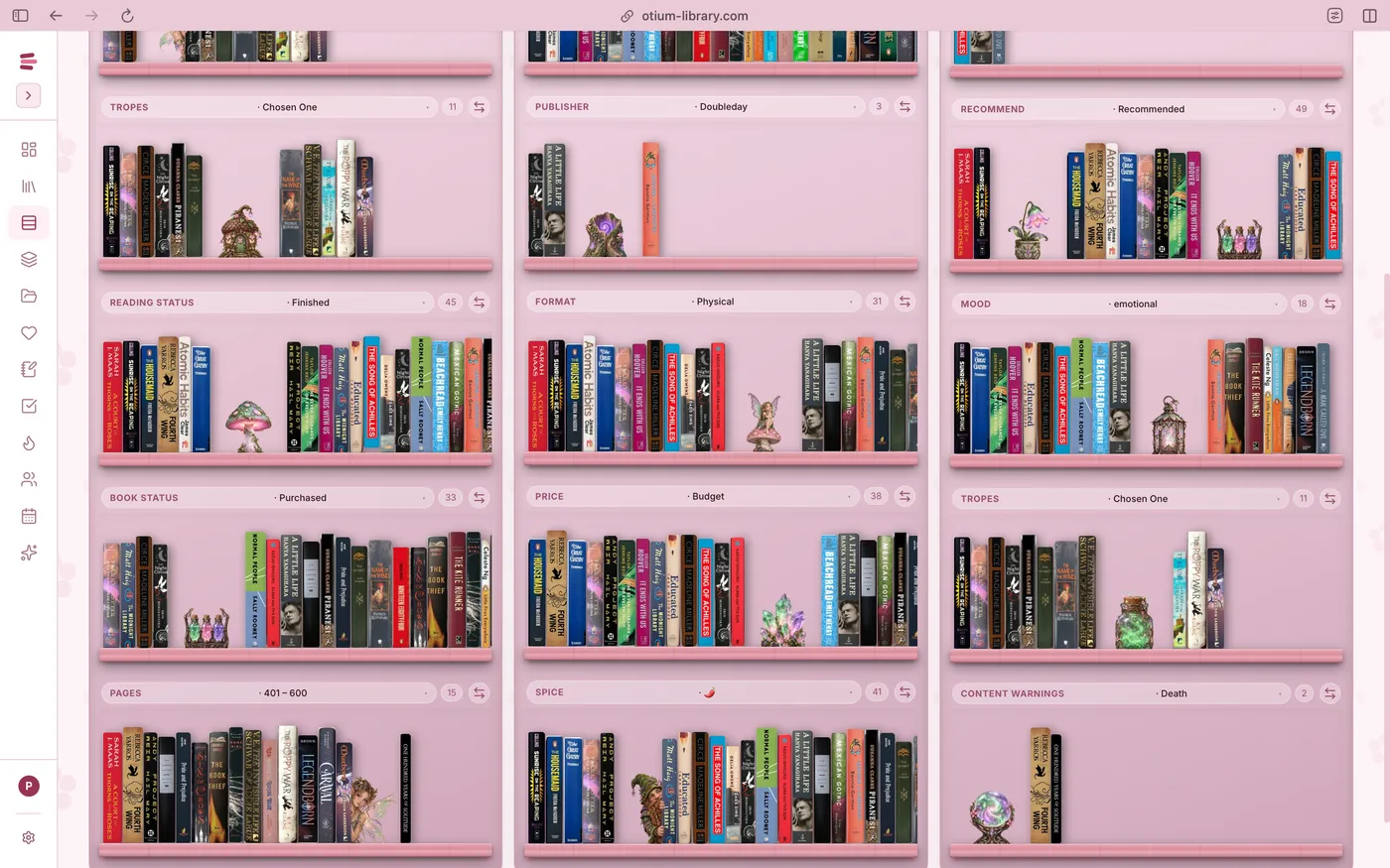 Otium on a laptop: a bookshelf of real book spines with decor between the books